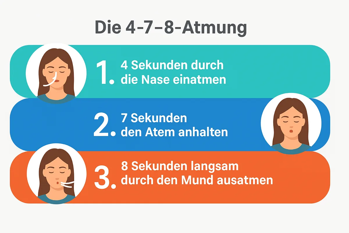 Infografik erklärt die 4-7-8-Atemtechnik zur Linderung von Panikstörung: 4 Sekunden einatmen, 7 halten, 8 langsam ausatmen.
