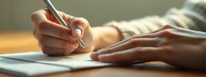 Nahaufnahme einer weiblichen Hand, die handschriftlich einen Erfahrungsbericht zur Bernhardt-Methode verfasst