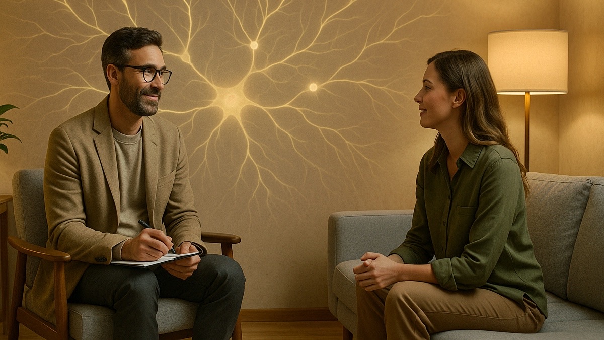 Eine Angstpatientin und ein Therapeut während einer Therapiesitzung. Beide lächeln. Auf der Wand im Hintergrund sieht man leuchtende neuronale Muster zur Veranschaulichung von positivem, neuronalem Wachstum.