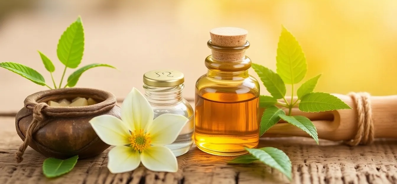 Auf einem Tisch liegen Pflanzen, Blüten und ätherische Öle. Naturheilmittel können bei Panikstörungen oft ähnlich gut helfen wie Medikamente.