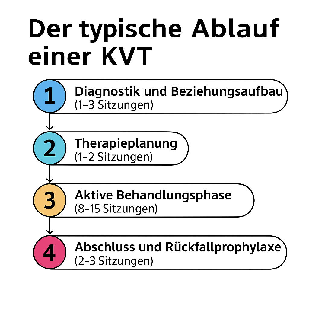 Infografik zeigt den typischen Ablauf einer Kognitiven Verhaltenstherapie in vier Schritten von Diagnostik bis Rückfallprophylaxe