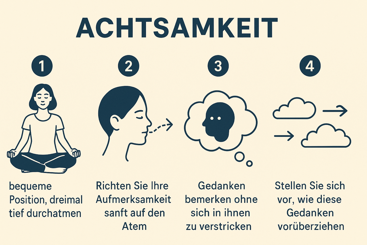 Illustration zeigt 4 Schritte der Achtsamkeit: Sitzen & Atmen, Atem-Fokus, Gedanken beobachten, Gedanken loslassen. Methode nutzbar bei Emetophobie.