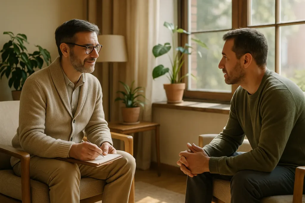Akzeptanz-und-Commitment-Therapie mit zwei Männern, Therapeut mit Notizblock hört aufmerksam zu, Patient spricht offen ruhig.Akzeptanz-und-Commitment-Therapie mit zwei Männern, Therapeut mit Notizblock hört aufmerksam zu, Patient spricht offen ruhig.