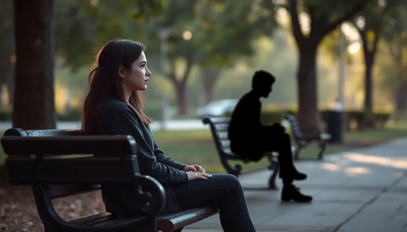 Junge Frau sitzt nachdenklich auf einer Parkbank, neben ihr ein symbolischer Schatten als Bild für Angst in der Akzeptanz-Commitment-Therapie