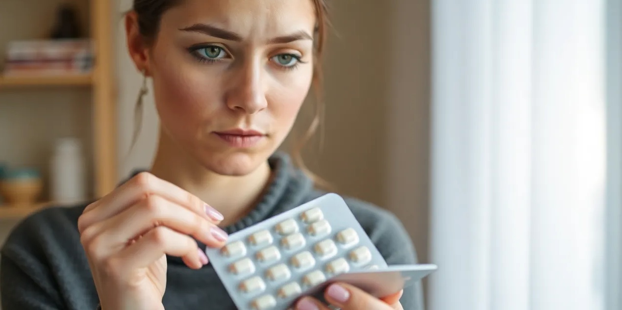 Eine junge Frau hat ein Tablettenblister in der Hand – sie zögert Antidepressiva gegen ihre Angststörung einzunehmen