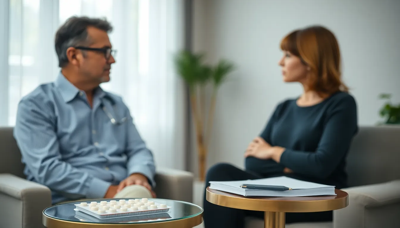 Therapeut und Patient sitzen in einem Gespräch über Emetophobie, Antidepressiva liegen auf dem Tisch neben einem geöffneten Therapienotizbuch.