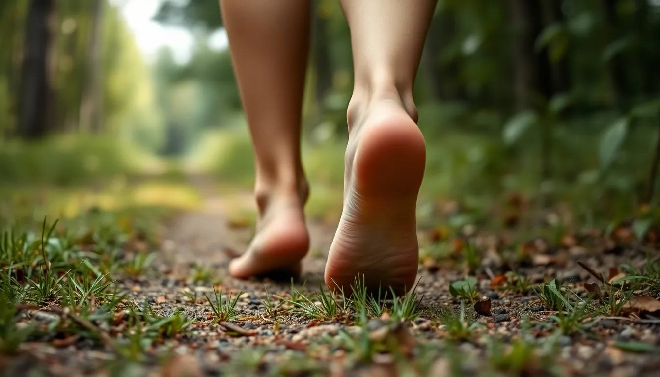 Close-up von Fuessen, die barfuss auf einem Waldweg gehen. Dies kann das Gefuehl der Derealisation lindern.