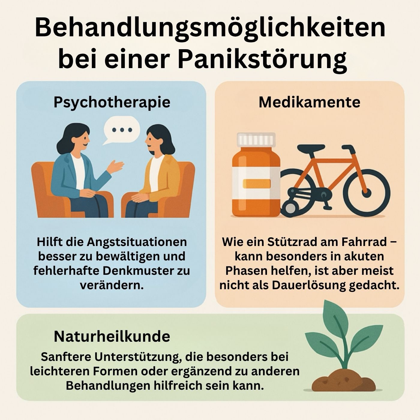 Infografik zeigt die drei Hauptsäulen der Behandlung bei Panikstörung: Psychotherapie, medikamentöse und naturheilkundliche Ansätze