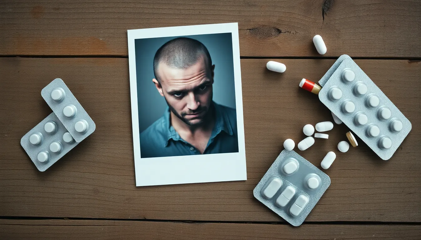 Auf einem Holztisch liegt das Portraitfoto eines Mannes mit Persönlichkeitsstörung. Um das Foto herum liegen Benzodiazepine, jene Medikamente, die die Störung ausgelöst haben.