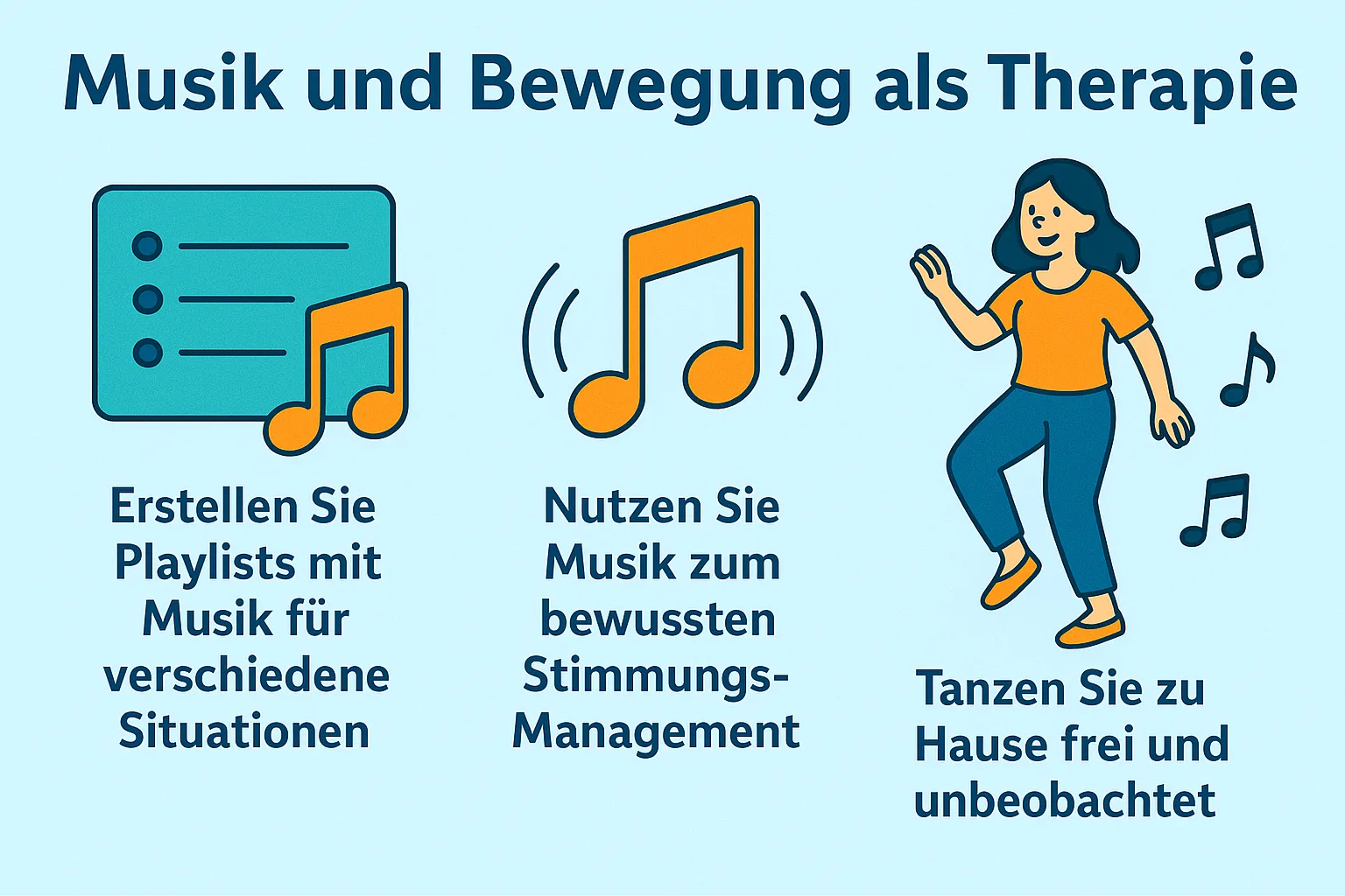 Infografik zeigt eine tanzende Frau und gibt Tipps wie man mit Musik und Bewegung einer Panikstörung entgegenwirken kann