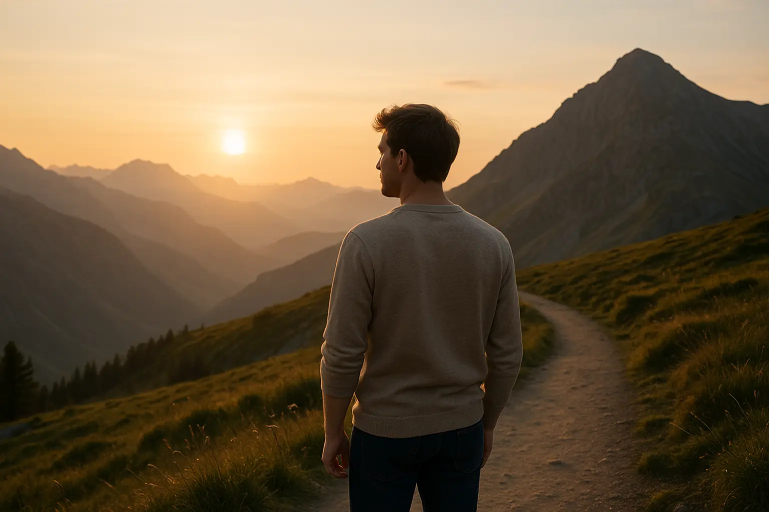 Ein Mann steht ruhig auf einem Bergpfad bei Sonnenaufgang – Symbol für Hoffnung und erste Schritte aus der Emetophobie.
