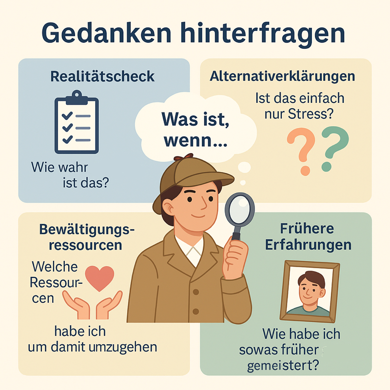 Infografik zeigt vier Strategien zum Hinterfragen negativer Gedanken bei Emetophobie, dargestellt mit Symbolen und einem Detektiv.