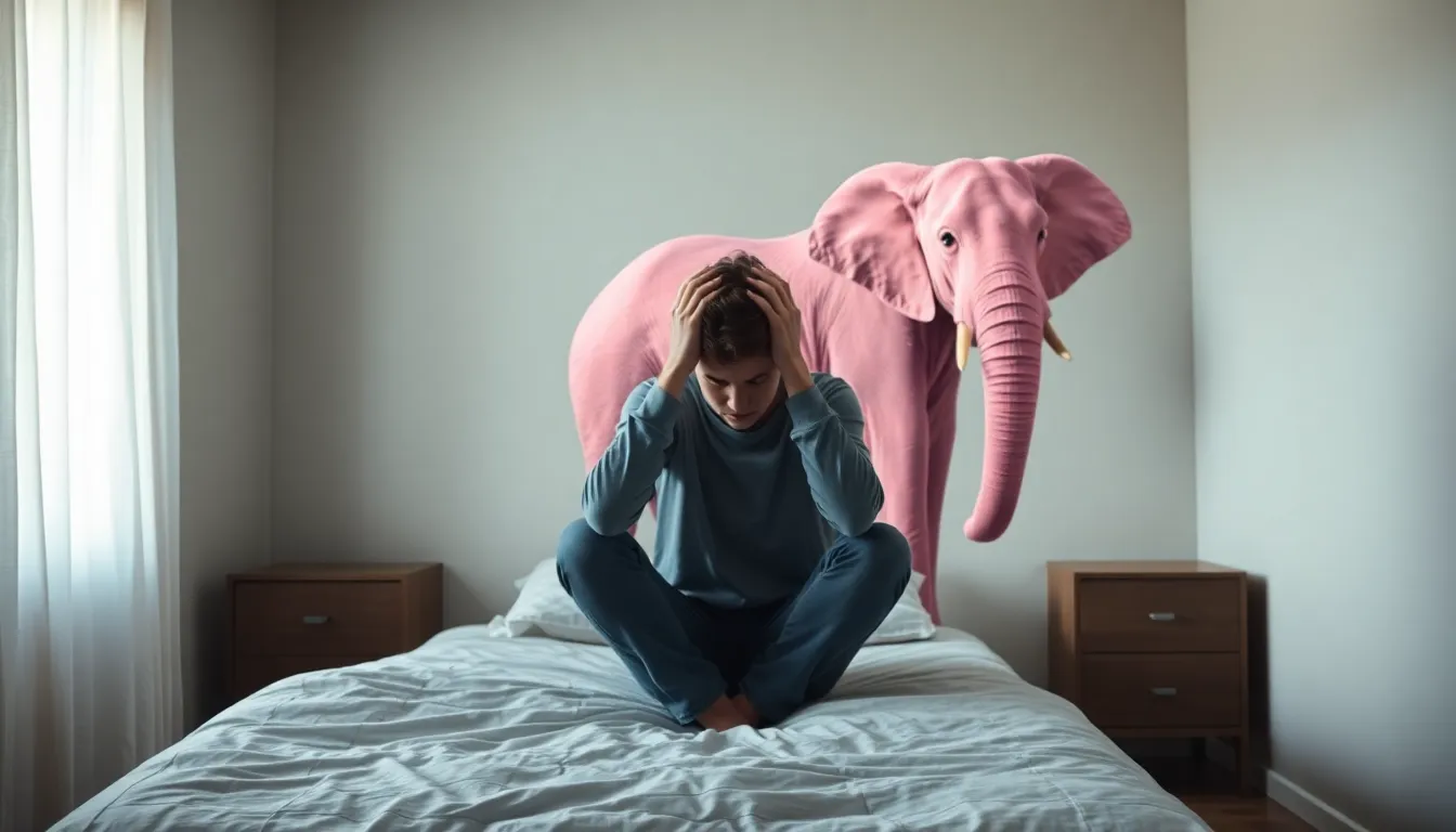 Eine Person sitzt nachdenklich im Schlafzimmer, während ein rosa Elefant im Hintergrund steht – Sinnbild für Emetophobie und Gedankenzwang.