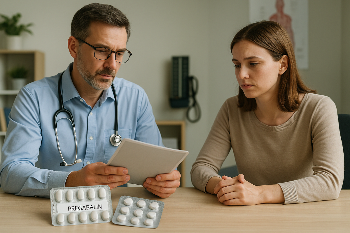 Ärztliches Gespräch über medikamentöse Optionen bei Emetophobie, mit Pregabalin-Blisterpackung und weiteren Tabletten auf dem Tisch.