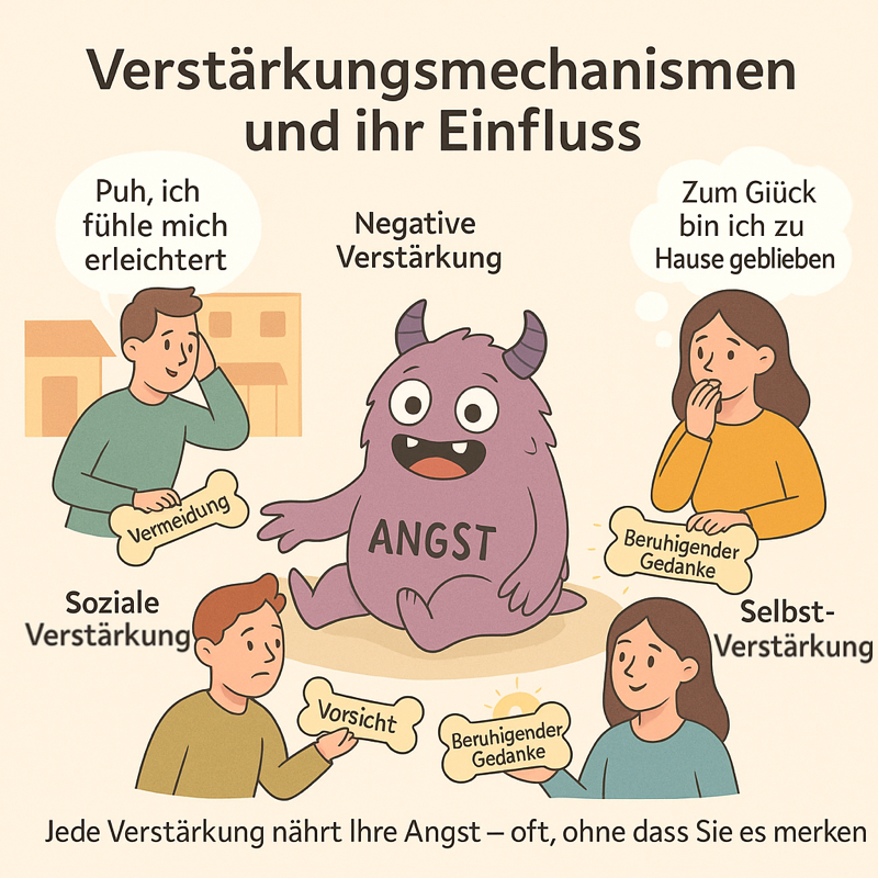 Illustration zeigt drei Arten von Verstaerkung bei Emetophobie, die bildlich ein Angstmonster fuettern und so die Angst verstaerken.