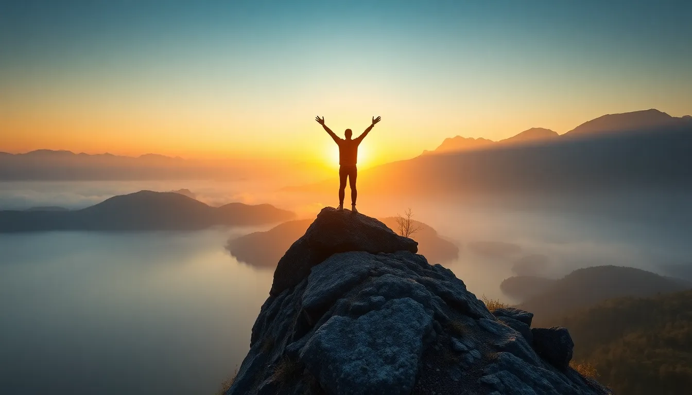 Ein Mann steht auf einem Berggipfel und freut sich über einen spektakulären Sonnenaufgang. Er hat seine Panikstörung mit der Bernhardt-Methode überwunden und kann nun wieder die Welt entdecken