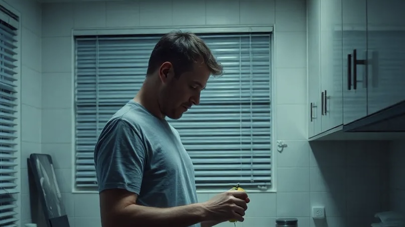 Eine junger Mann steht nachdenklich in der Küche und schält einen Apfel. Er hat sein Leben umgestellt, nachdem der vom Kiffen Panikattacken bekommen hat.