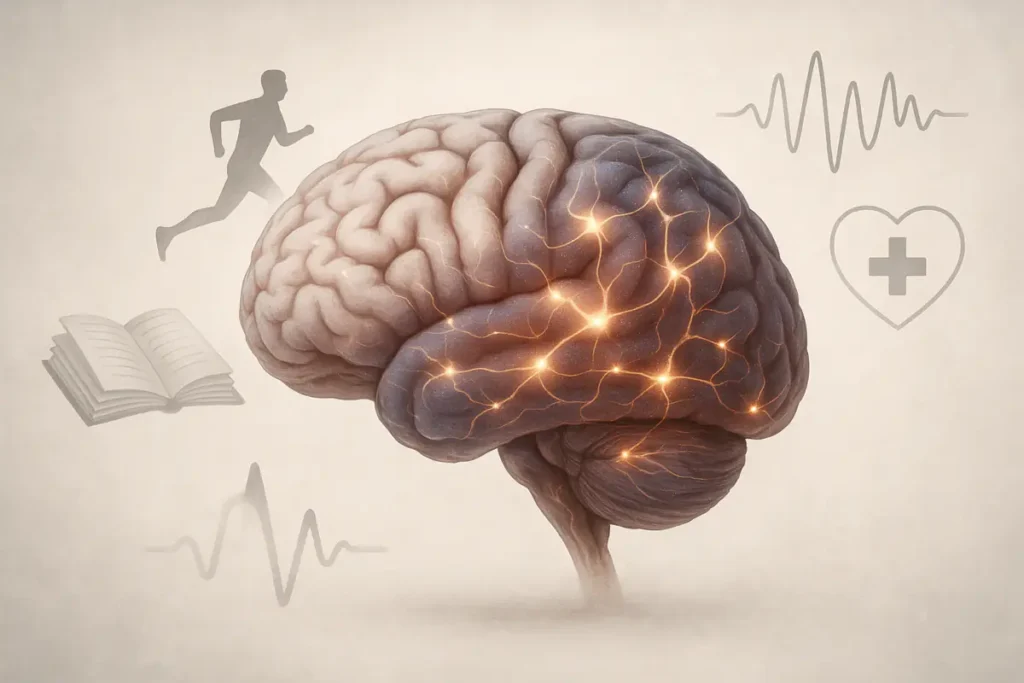 Realistische Darstellung des Gehirns mit neuronalen Verbindungen, Symbolen für Lernen, Bewegung und Heilung – Thema Neuroplastizität