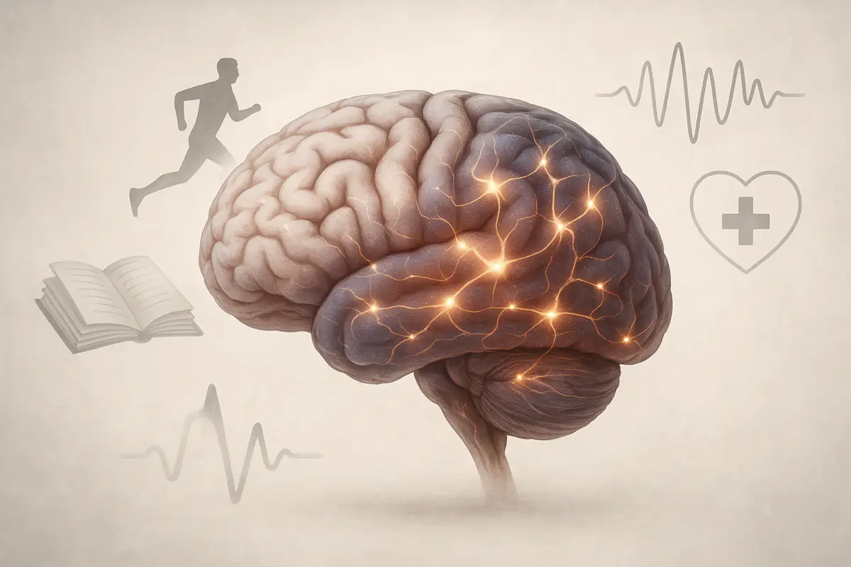 Realistische Darstellung des Gehirns mit neuronalen Verbindungen, Symbolen für Lernen, Bewegung und Heilung – Thema Neuroplastizität