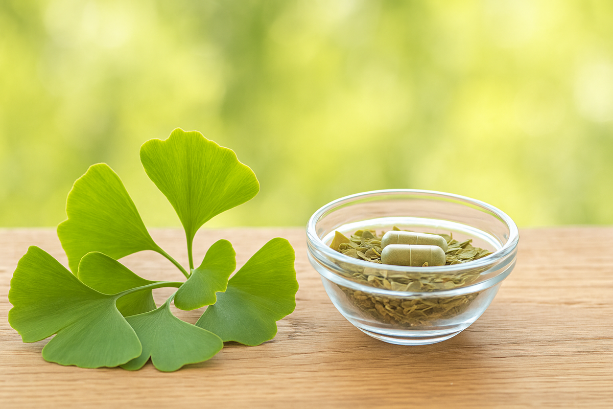 Gruene Ginkgoblaetter und Praeparat auf Holztisch als Naturheilmittel gegen Aengste und Phobien zur Unterstuetzung der Gehirndurchblutung.
