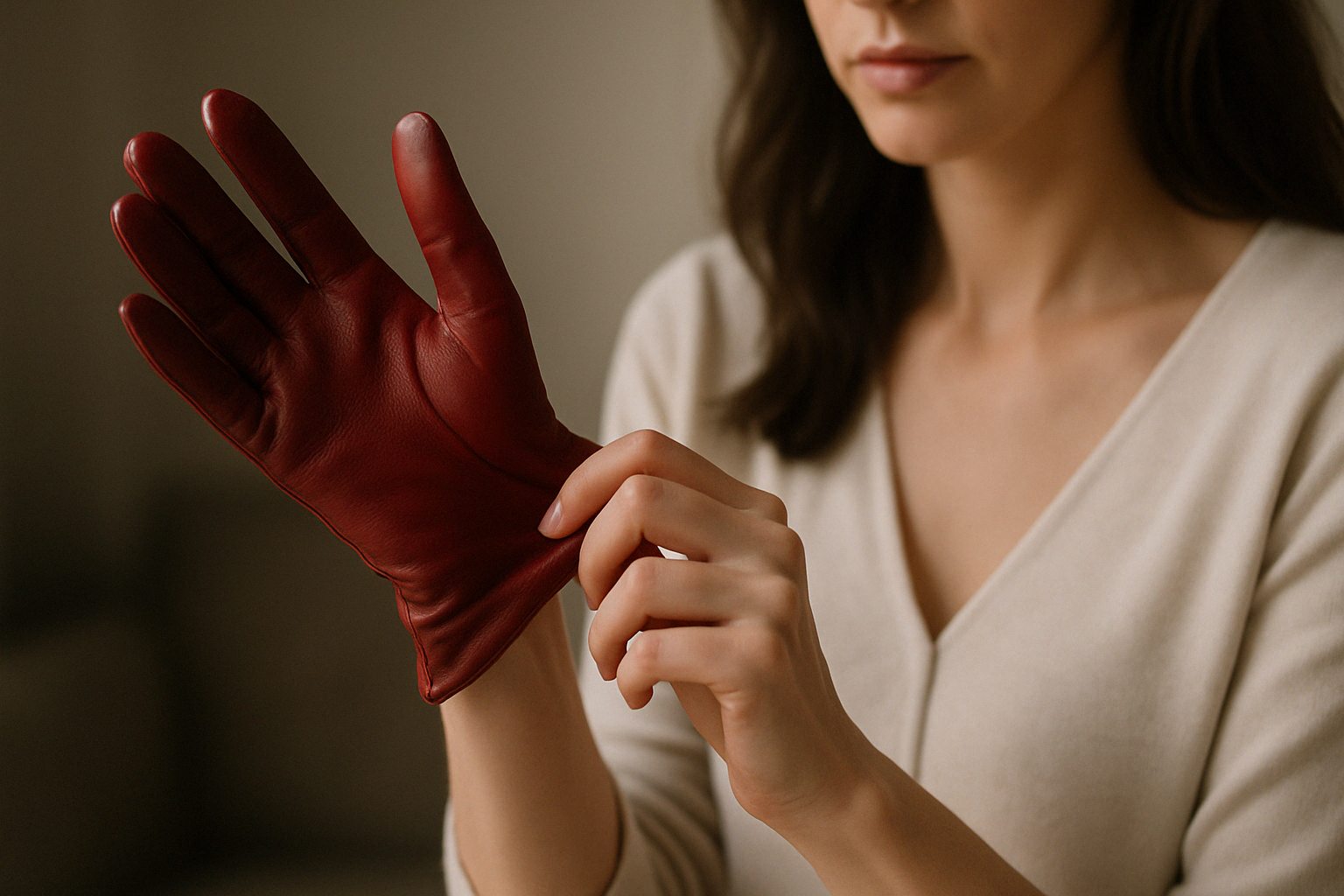 Nahaufnahme einer Frau, die einen roten Lederhandschuh anzieht. Dieses Bild kann das Gefuehl der Depersonalisation symbolisieren.