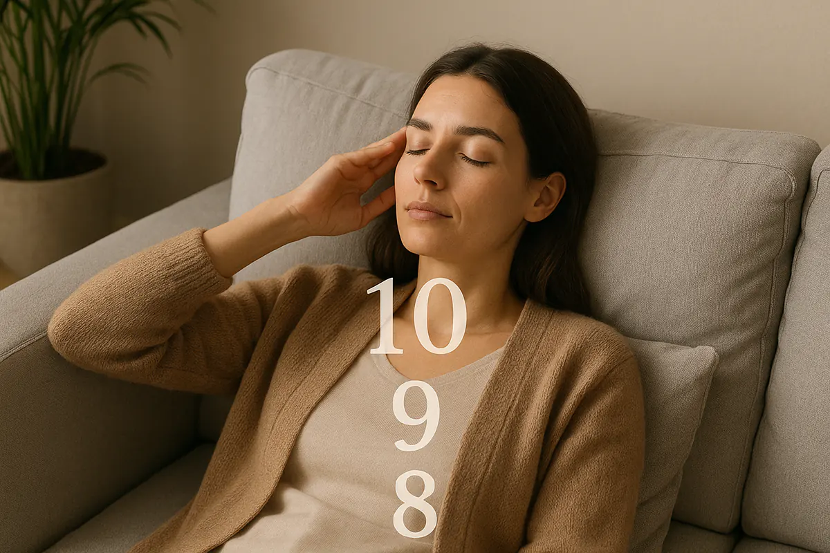 Eine Frau liegt entspannt auf einem Sofa mit geschlossenen Augen und zählt in Gedanken rückwärts zur Selbsthypnose mit Hypnosetherapie