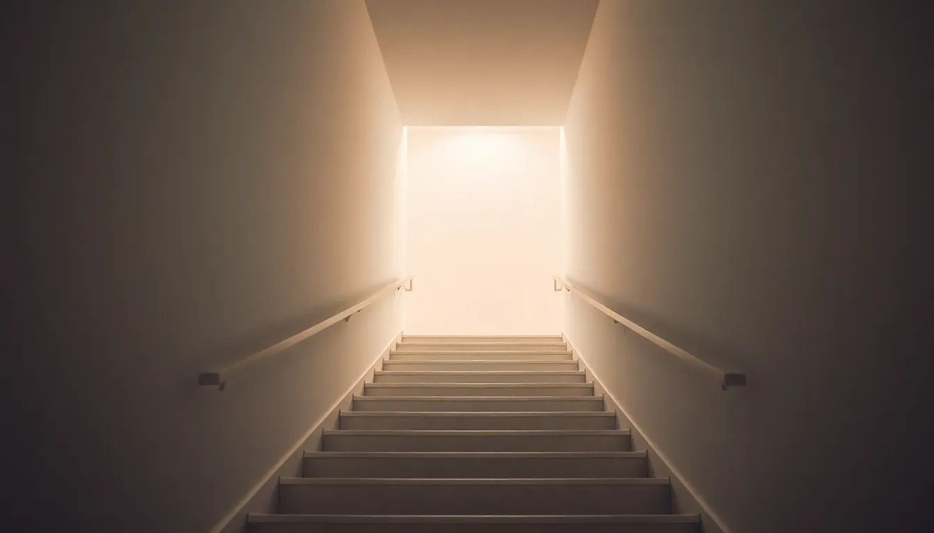 Eine beleuchtete Treppe führt nach oben in helles Licht und symbolisiert in der Hypnosetherapie den Weg in innere Entspannung und Klarheit