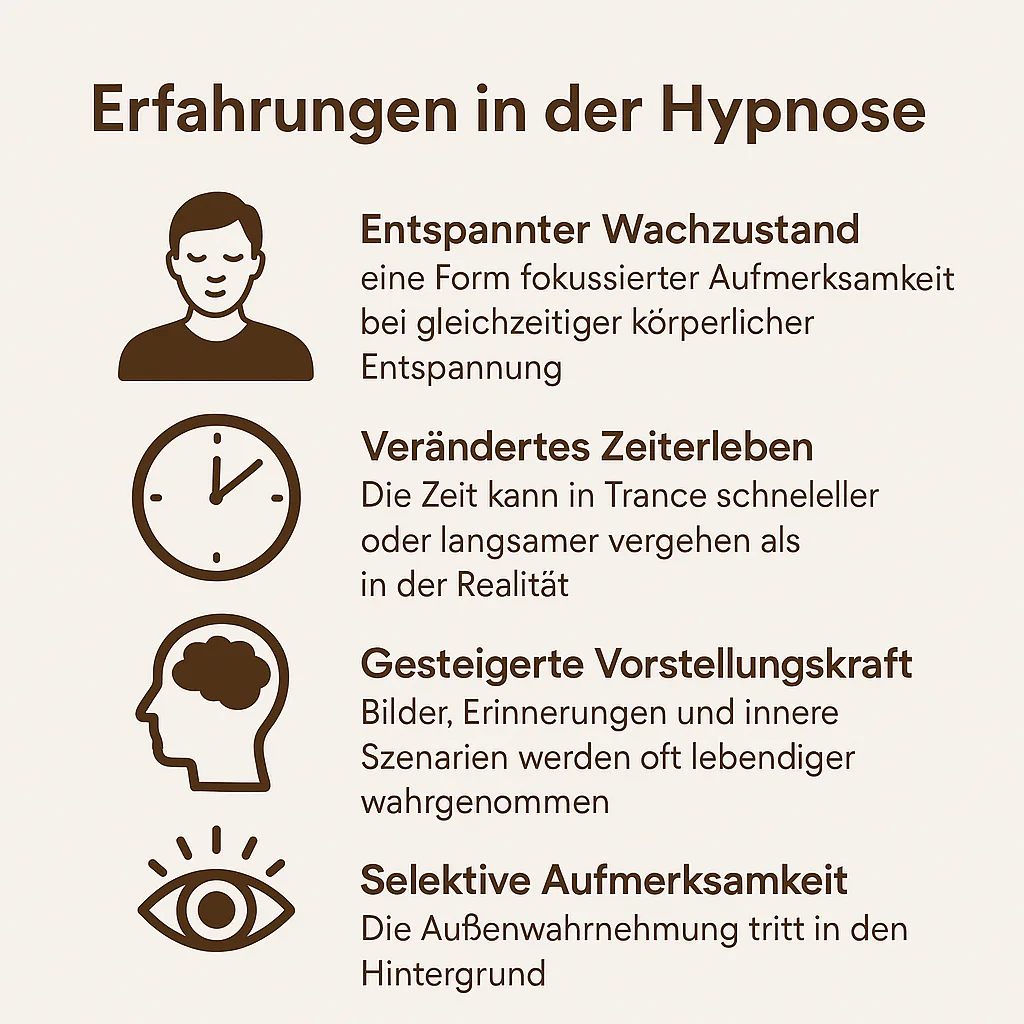 Infografik zeigt vier typische Erfahrungen während der Hypnosetherapie wie Entspannung, verändertes Zeitempfinden und innere Bilder