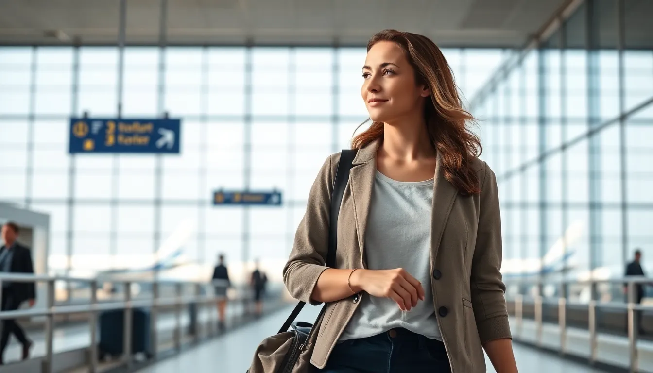 Eine Frau geht ruhig durch den Flughafen, sie reist regelmäßig dank Hypnosetherapie und nutzt bei Bedarf Selbsthypnose-Techniken