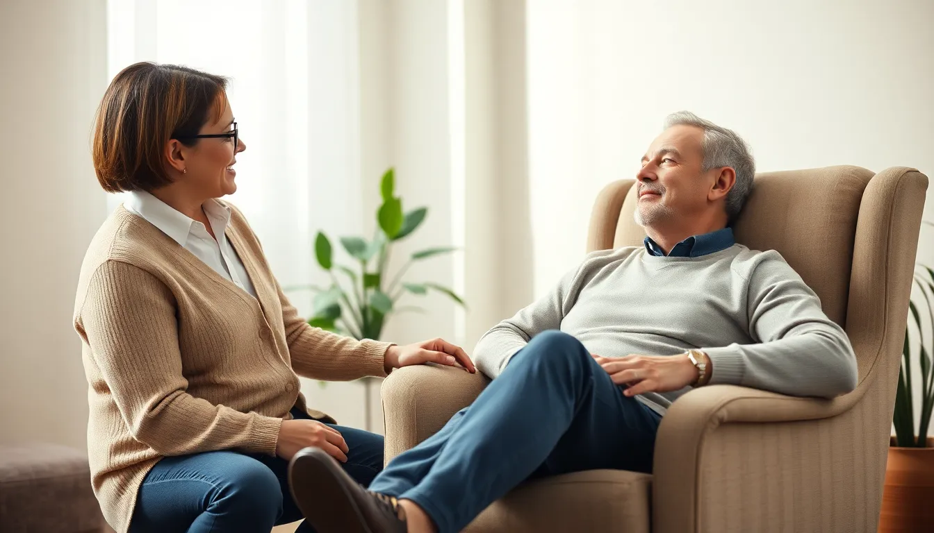 Ein Patient sitzt entspannt in einem Therapieraum und erlebt eine Hypnosetherapie in ruhiger, vertrauensvoller Atmosphäre