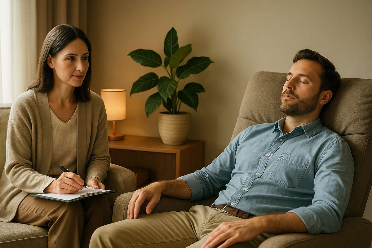 Ein Patient sitzt entspannt in einem Therapieraum und erlebt eine Hypnosetherapie in ruhiger, vertrauensvoller Atmosphäre