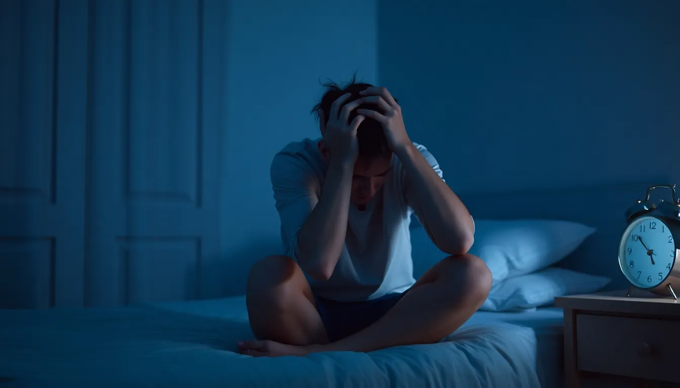 Eine erschöpfte Person sitzt nachts auf dem Bett und leidet unter Schlafstörungen, Hypnosetherapie kann gezielt dabei helfen