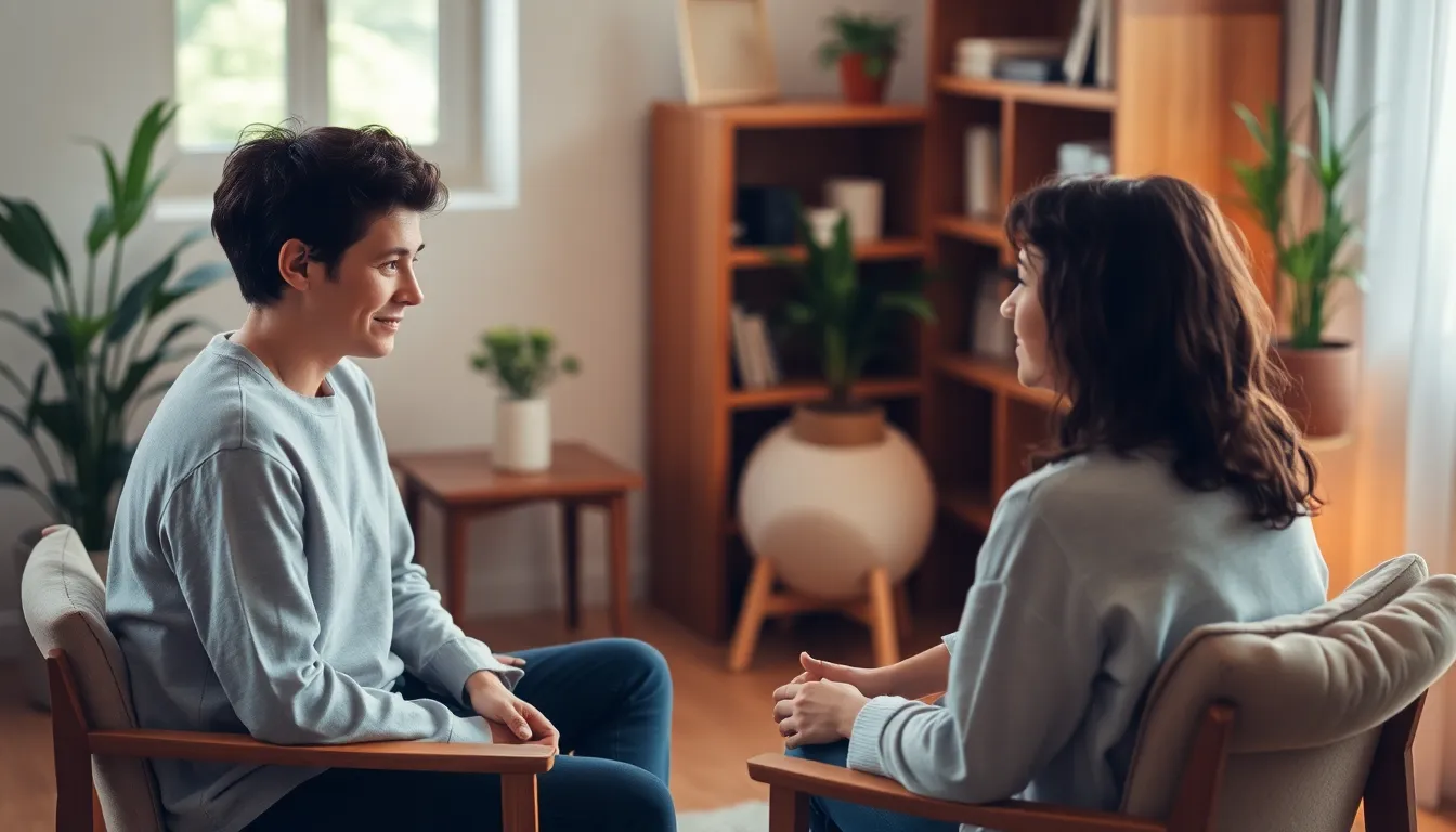 Eine Person sitzt entspannt im Gespräch mit einem Therapeuten, die Hypnosetherapie wird als vertrauensvolle Entdeckungsreise dargestellt.