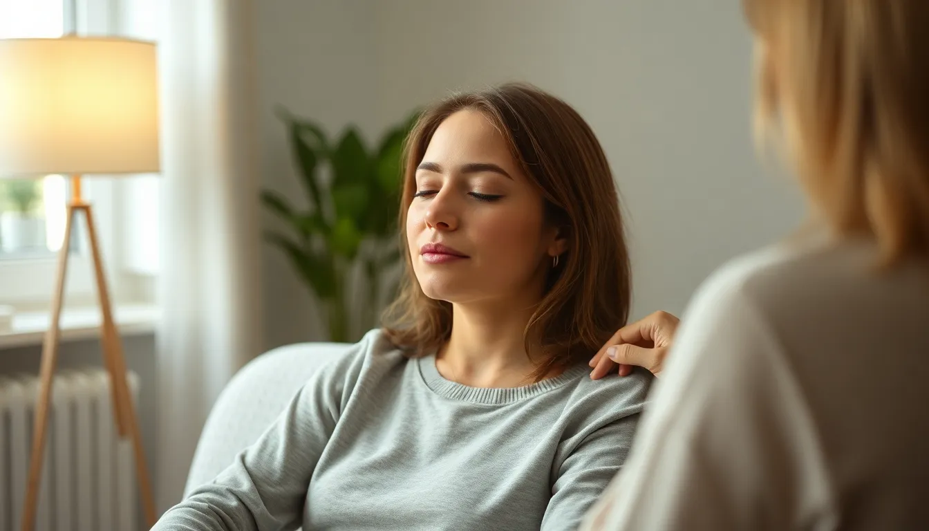 Eine junge Frau sitzt mit geschlossenen Augen entspannt in einer Therapiesitzung und erlebt tiefe Ruhe während der Hypnosetherapie