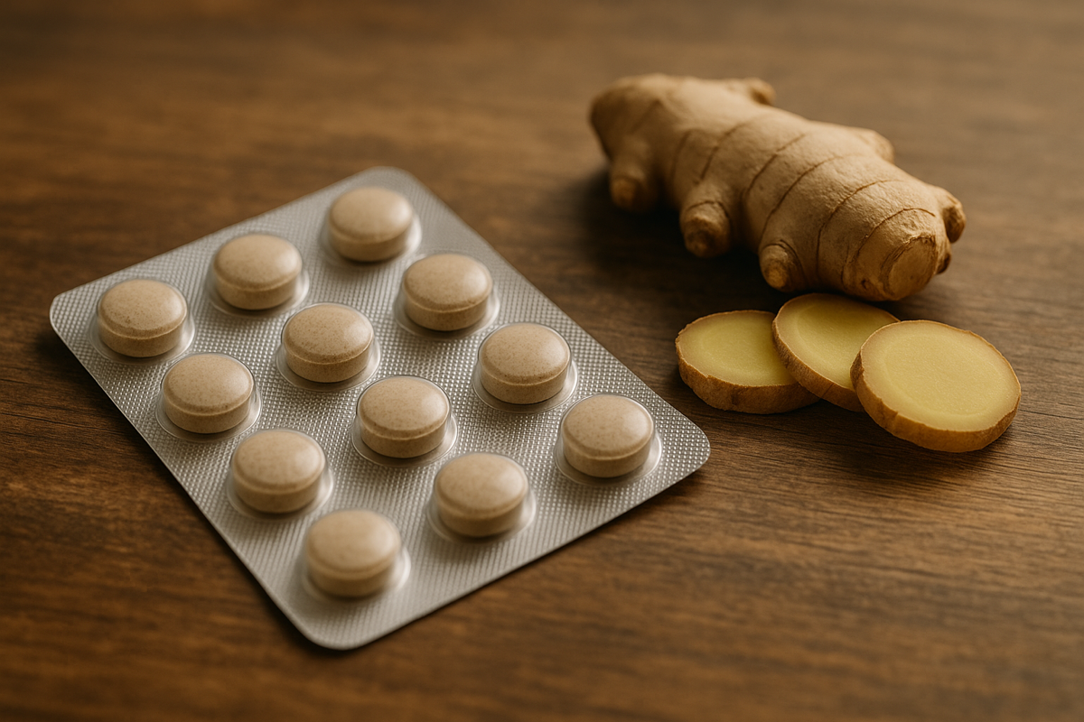 Ginger-Tabletten in einer Blisterpackung neben frischem Ingwer – natürliche Unterstützung bei Übelkeit im Rahmen von Emetophobie.