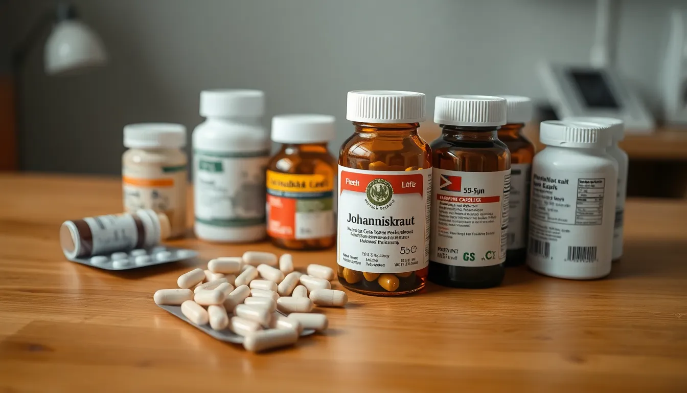 Auf einem Holztisch liegen Johanniskraut-Kapseln und verschiedene Medikamente, die bei Panikstörung zu riskanten Wechselwirkungen führen können