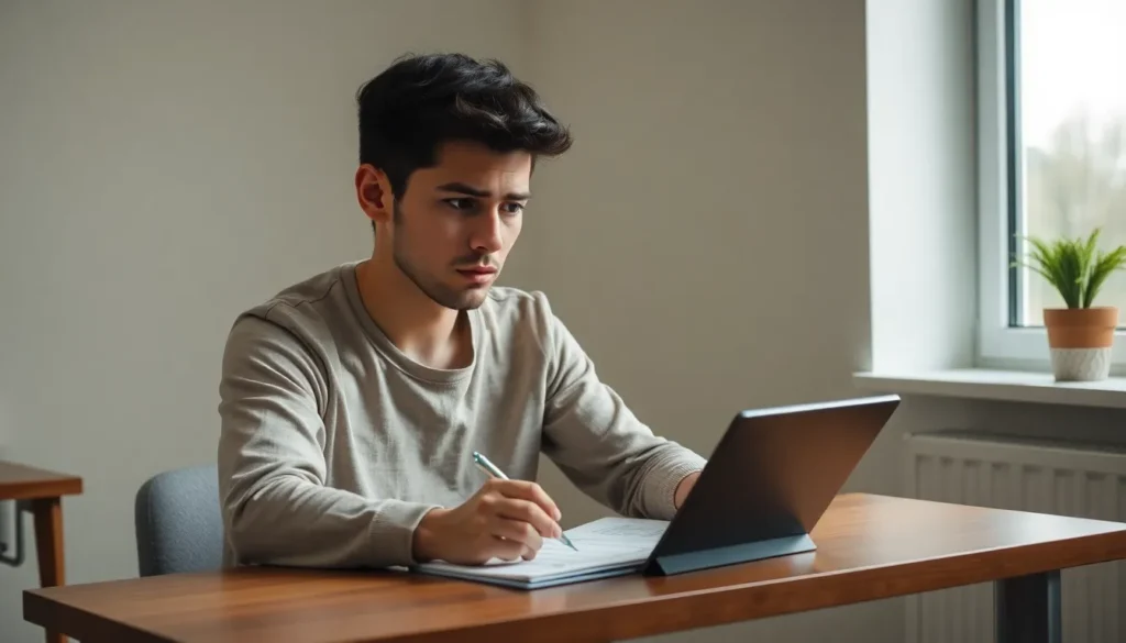 Ein junger Mann sitzt konzentriert an einem Schreibtisch. Er betrachtet einen Laptop und schreibt mit einem Stift Notizen in ein Heft. Er macht einen Test um herauszufinden, ob er eine Depersonalisationsstörung hat.