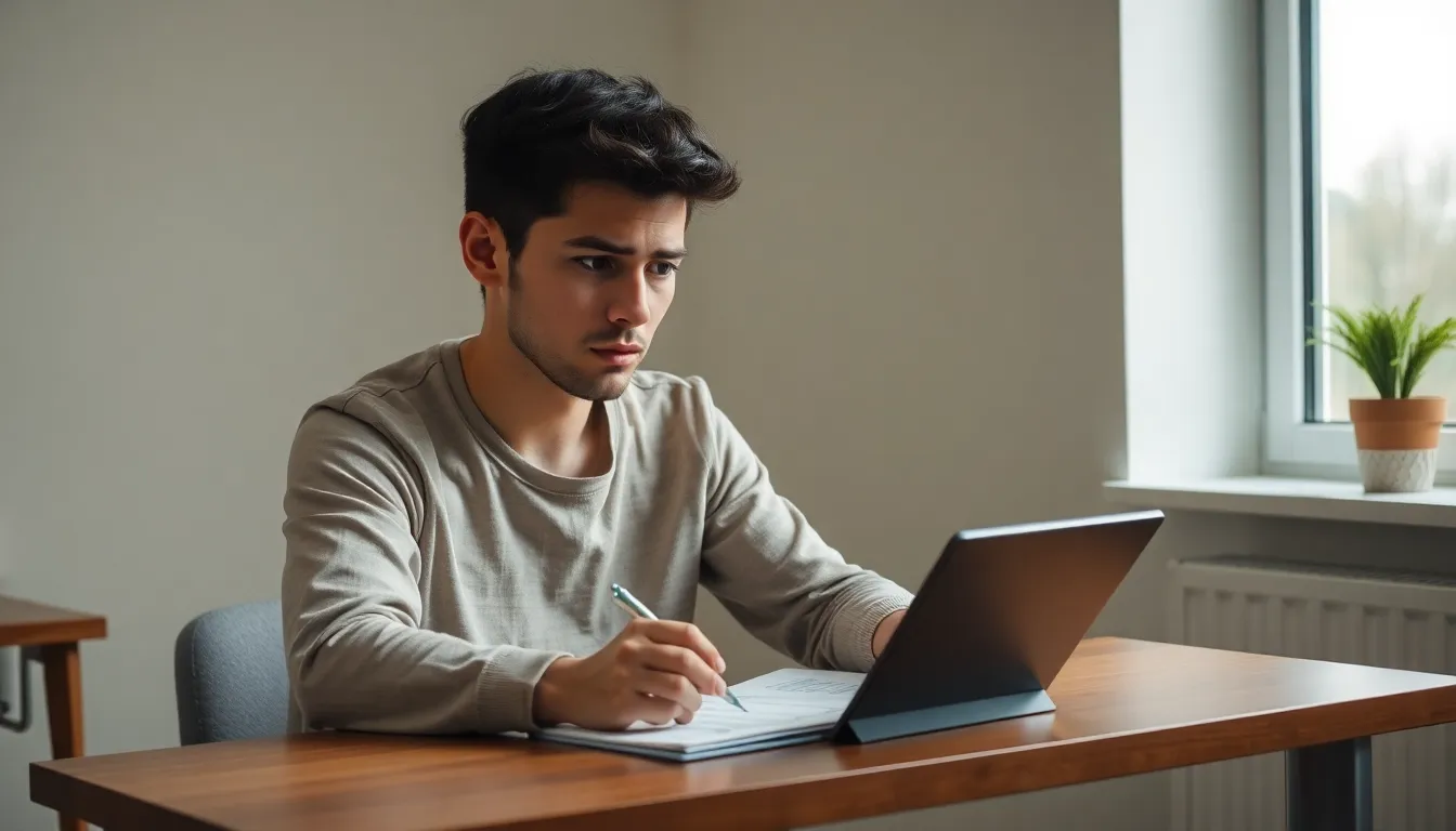 Ein junger Mann sitzt konzentriert an einem Schreibtisch. Er betrachtet einen Laptop und schreibt mit einem Stift Notizen in ein Heft. Er macht einen Test um herauszufinden, ob er eine Depersonalisationsstörung hat.