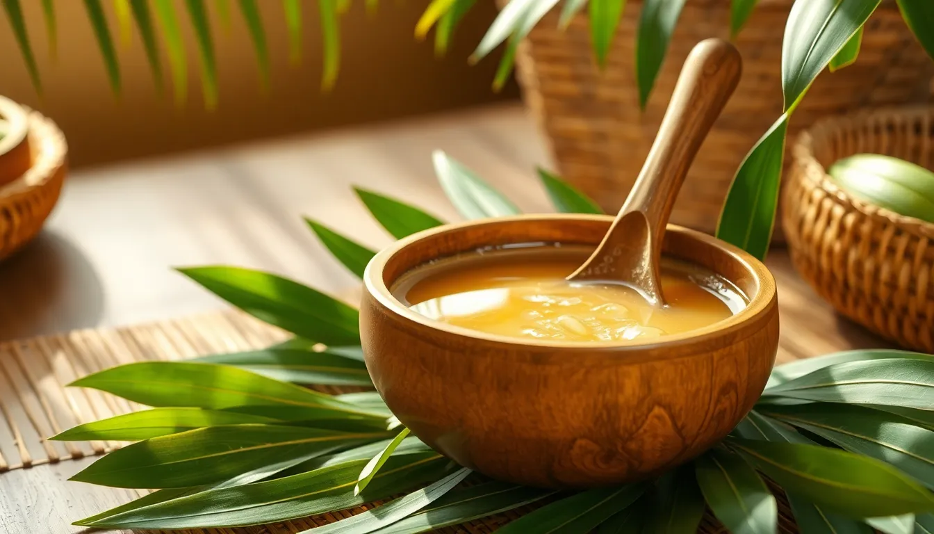 Traditionelle Kava-Schale mit Wurzel und Blaettern als Naturheilmittel gegen Aengste und Phobien in tropischer Umgebung arrangiert.