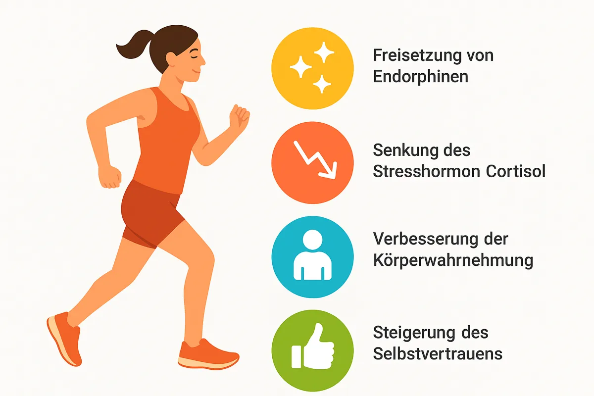 Infografik zeigt, wie Bewegung bei Panikstörung hilft: durch Endorphine, weniger Cortisol, bessere Körperwahrnehmung und mehr Selbstvertrauen.
