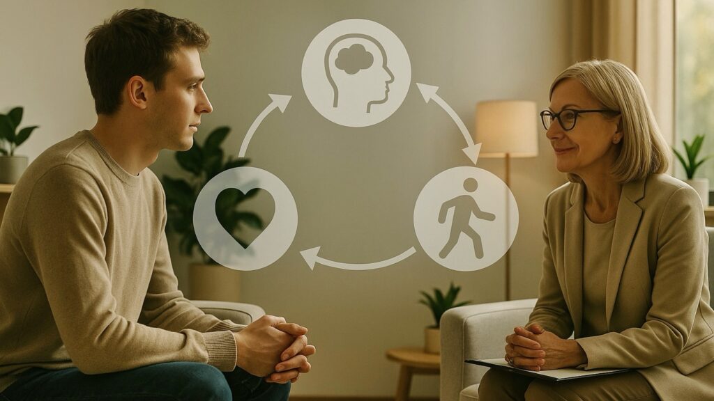 Therapiesitzung mit Symbolen für Gedanken, Gefühle und Verhalten im Kreislauf – zentrale Elemente der Kognitive-Verhaltenstherapie
