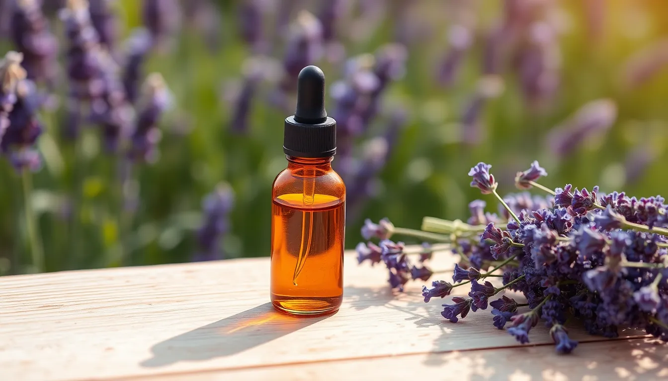 Lavendelblueten und Lavendeloel auf Holztisch als Naturheilmittel gegen Aengste und Phobien mit beruhigender Wirkung dargestellt.