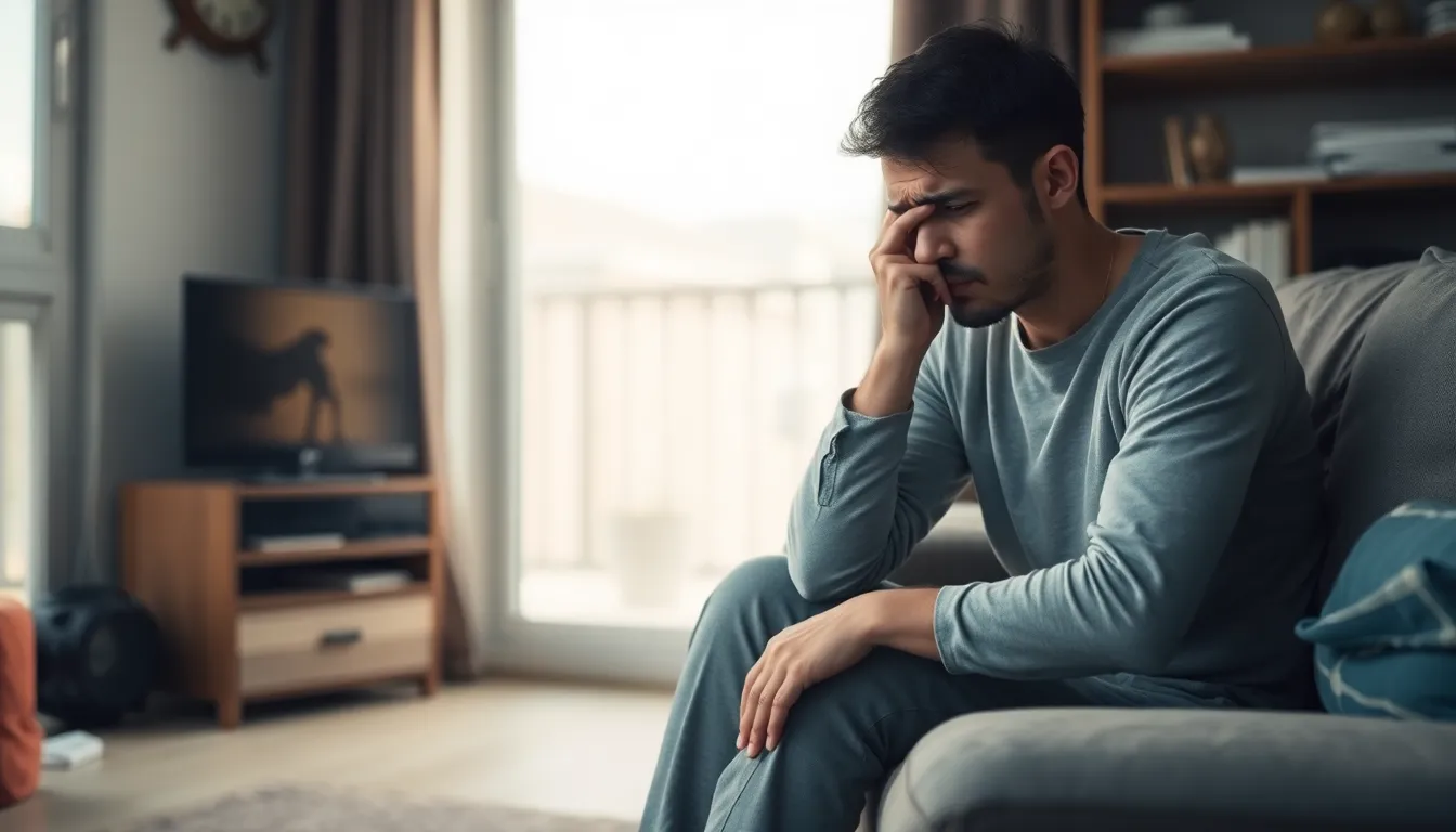 Ein Mann in grauem Oberteil sitzt bekümmert auf einer Couch, Hand an Stirn, im Wohnzimmer. Dies veranschaulicht Depersonalisation.