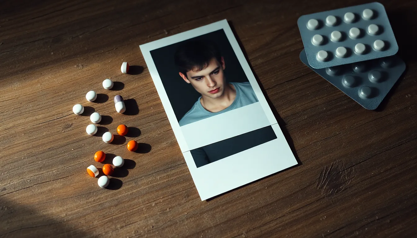 Auf einem Holztisch liegen Polaroidfotos eines männlichen Angstpatienten sowie verschiedene Medikamente gegen die Angststörung