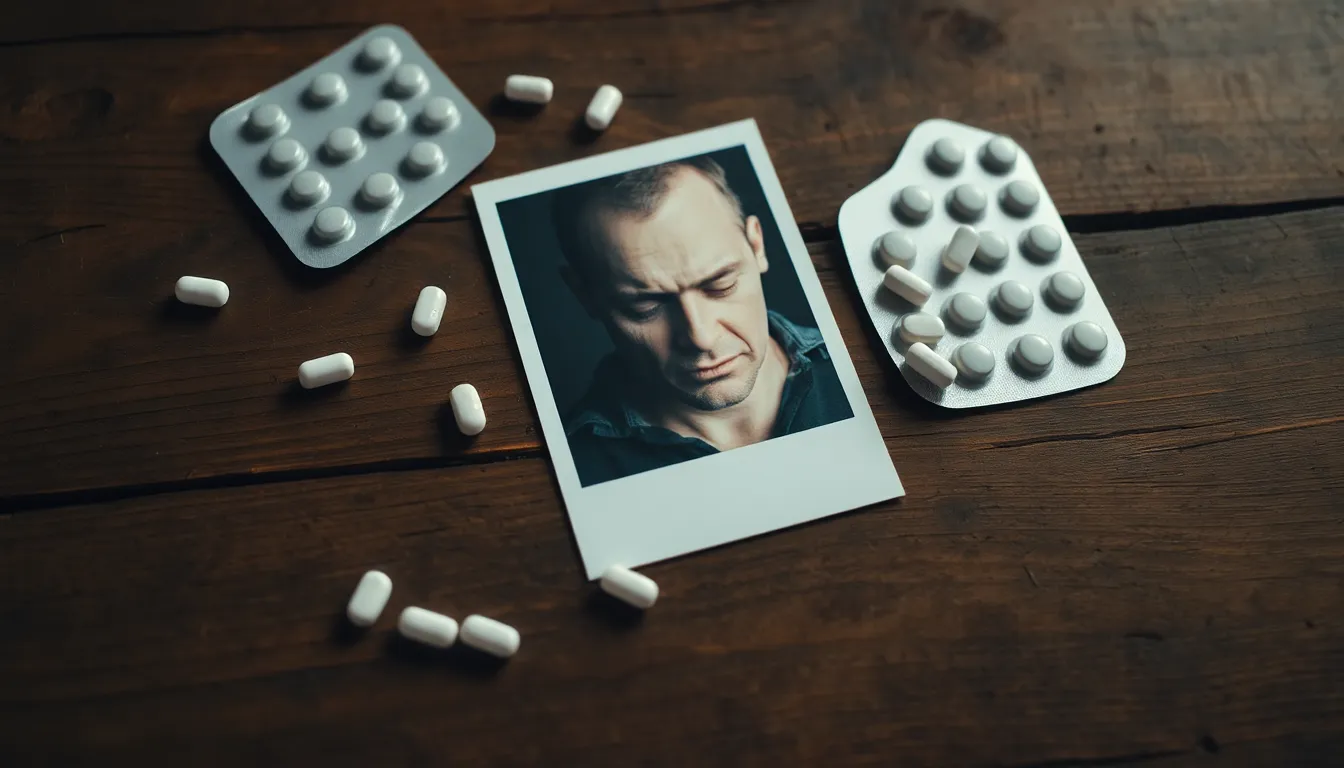 Auf einem Holztisch liegt das Portraitfoto eines Mannes mit Panikstörung. Um das Foto herum liegen Benzodiazepine und Antidepressiva in Form von Tabletten