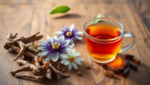 Natürliche Mittel wie Baldriantee, Passionsblume und Kapseln mit liegen auf einem Holztisch zur sanften Linderung von Ängsten und Phobien