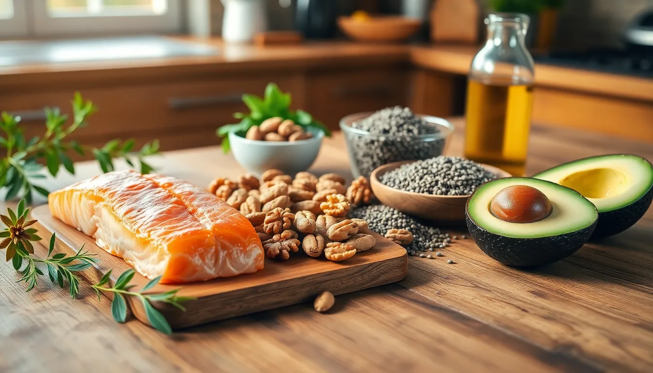 Auf einem Holztisch liegen Lachs, Nüsse, Samen und Avocado – gesunde Omega-3-Quellen zur Unterstützung bei Panikstörung und Nervensystem