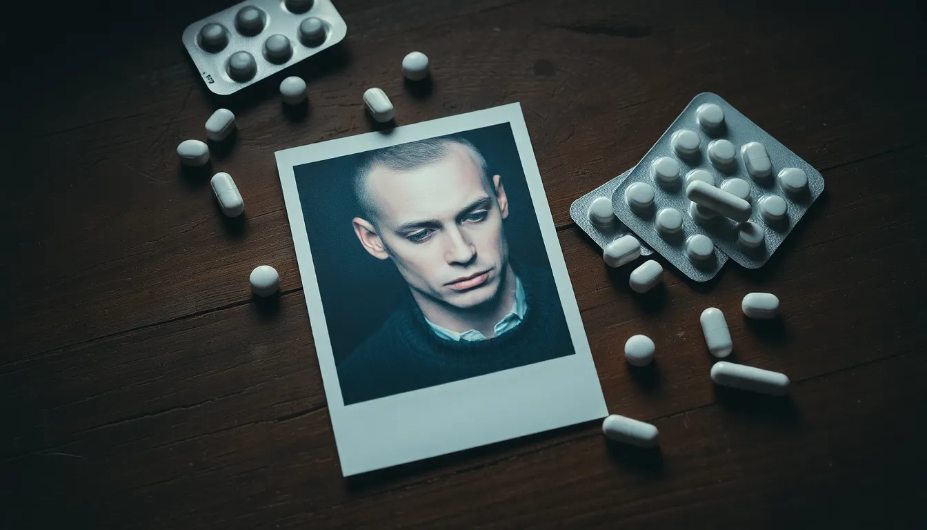 Auf einem alten Holztisch liegt das Foto eines jungen Mannes mit Depersonalisationsstörung. Daneben liegen verteilt unterschiedliche Tabletten, die dagegen helfen sollen.