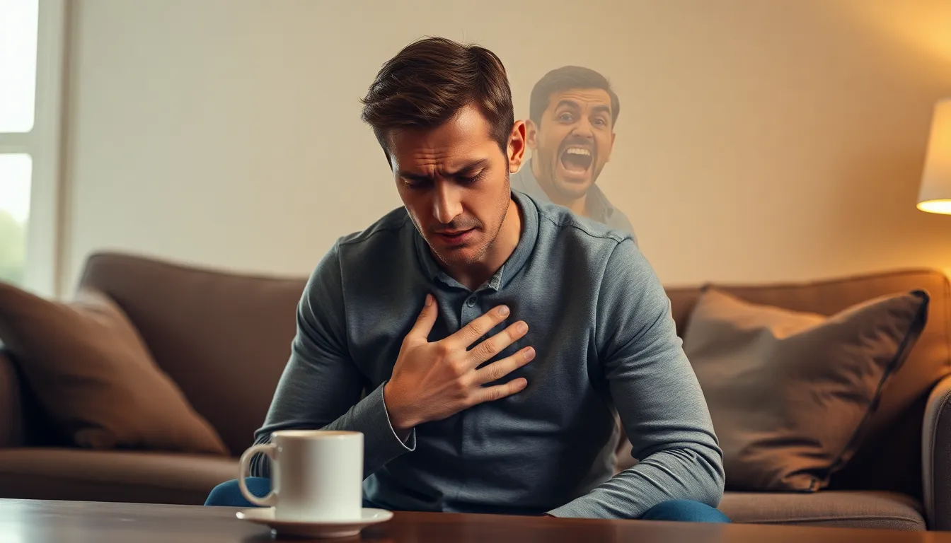 Ein Mann sitzt ängstlich mit der Hand auf der Brust neben einer Kaffeetasse, Sinnbild für Fehlinterpretation körperlicher Symptome bei Panikstörung.