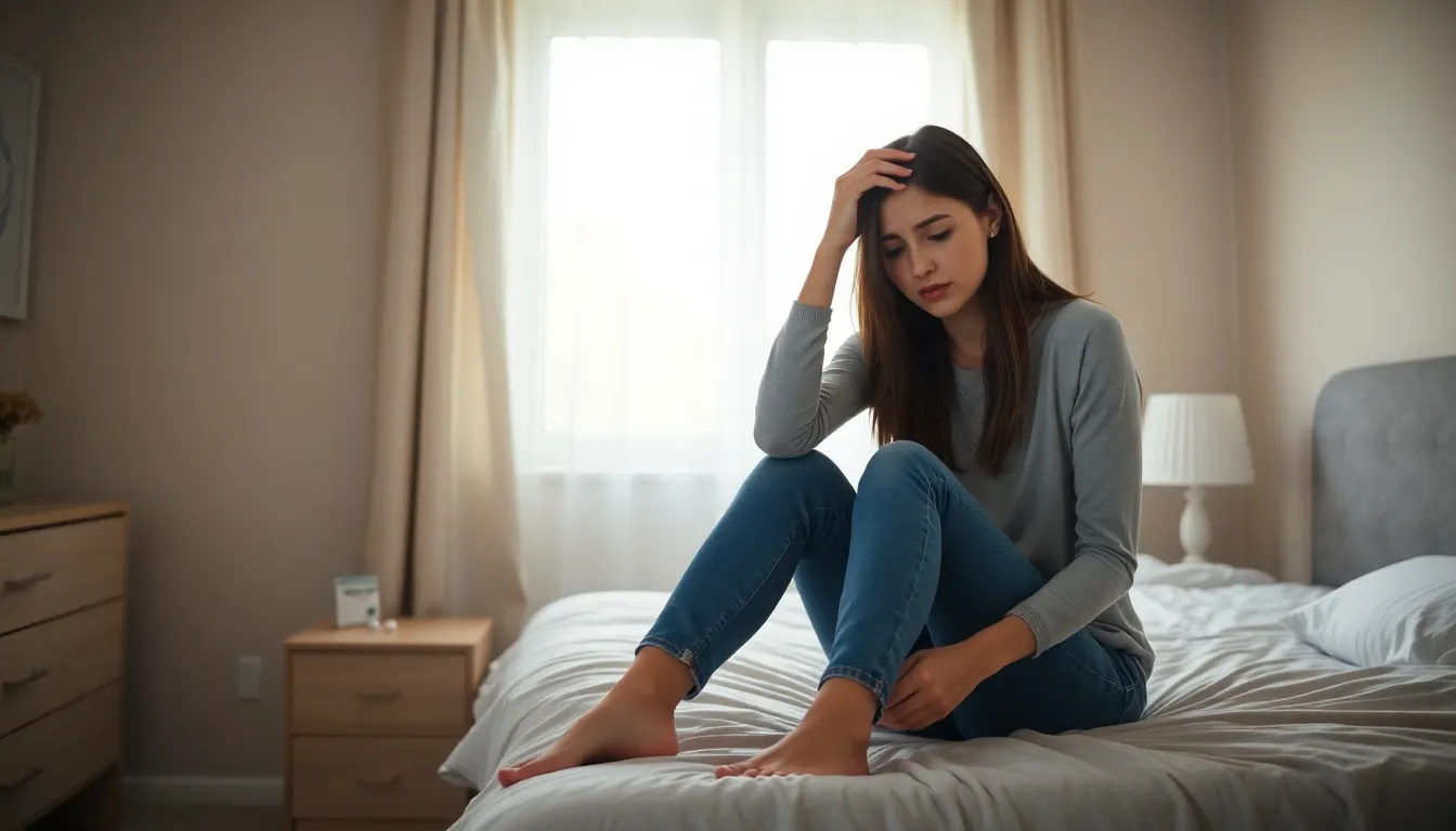 Ein junge Frau sitzt mit auf dem Bett. Sie wirkt nachdenklich und leidet unter einer Panikstörung